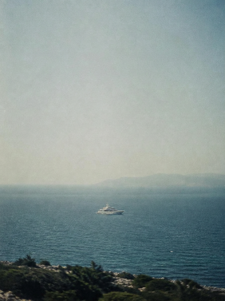 A yacht far out on open sea, the coast left behind